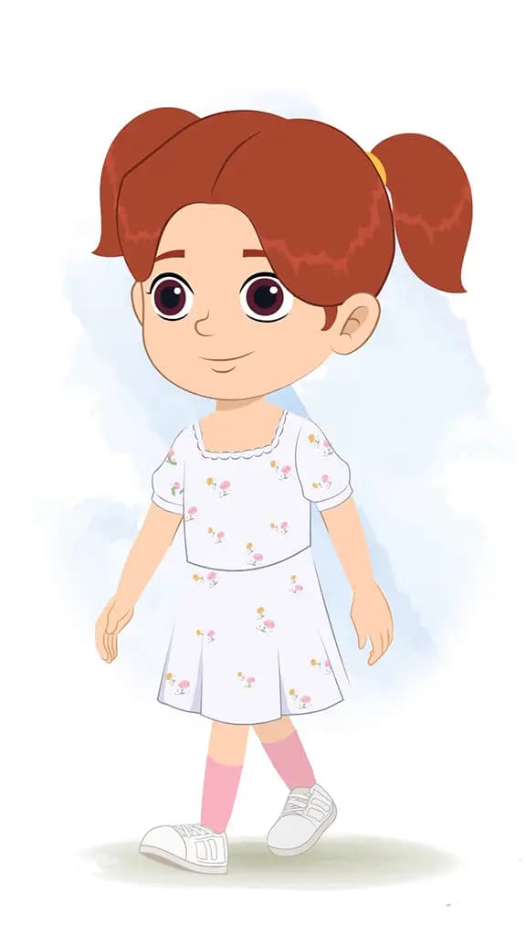 A cute girl 3/4 front view/three quarter view walking animated cartoon character aka kira 3/4