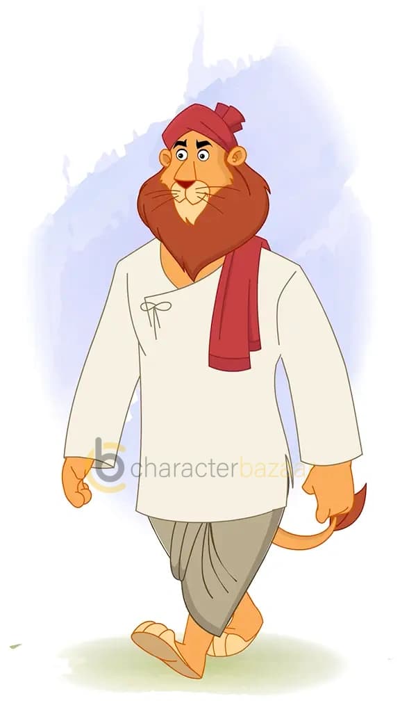 lion 3/4 front view/three quarter view walking animated cartoon character