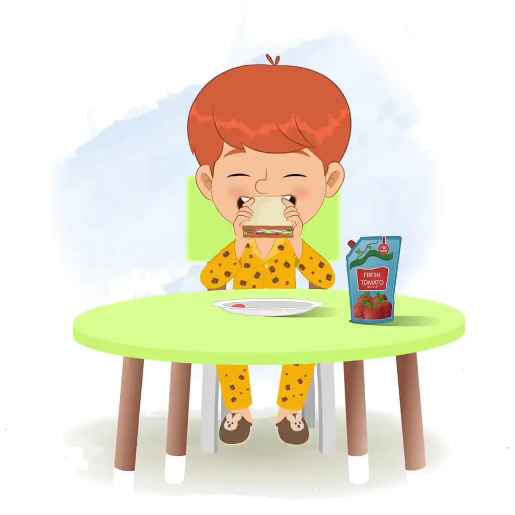 A little boy animated cartoon character sitting at a table and eating a sandwich aka max