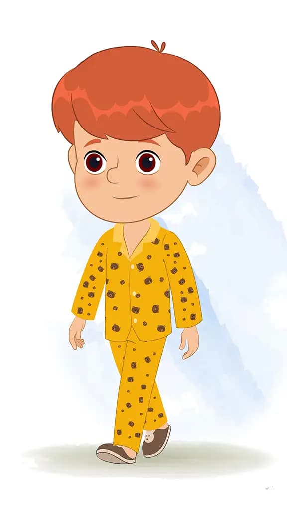 A little boy 3/4 front view/three quarter view walking animated cartoon character aka max 3/4