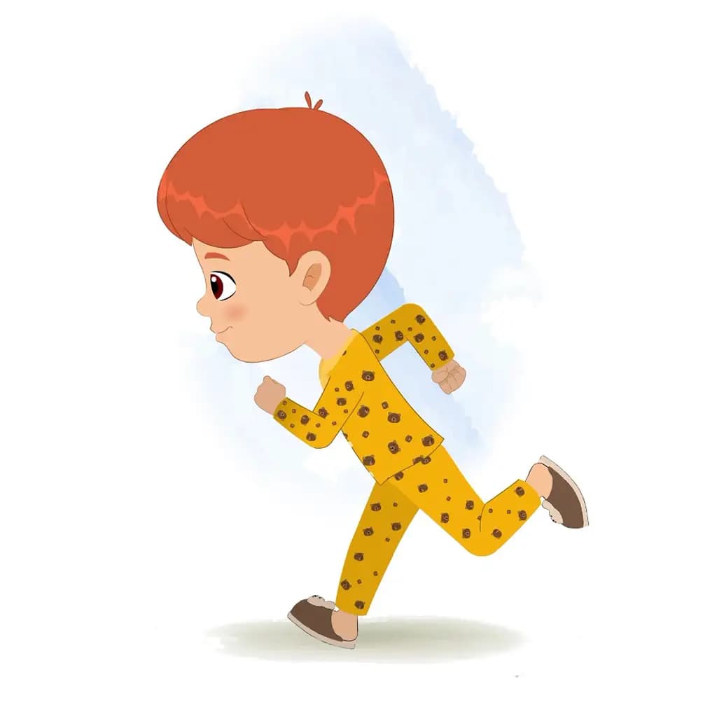 A little boy running fast side view animated cartoon character aka max