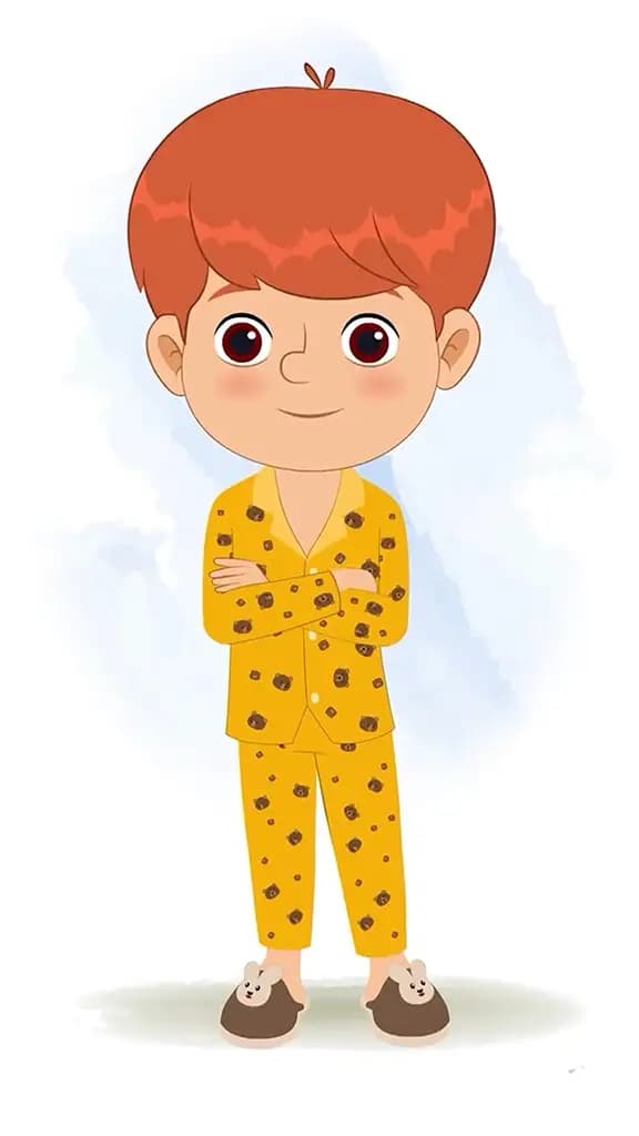 A little boy standing with cross hand and talking animated cartoon character aka max