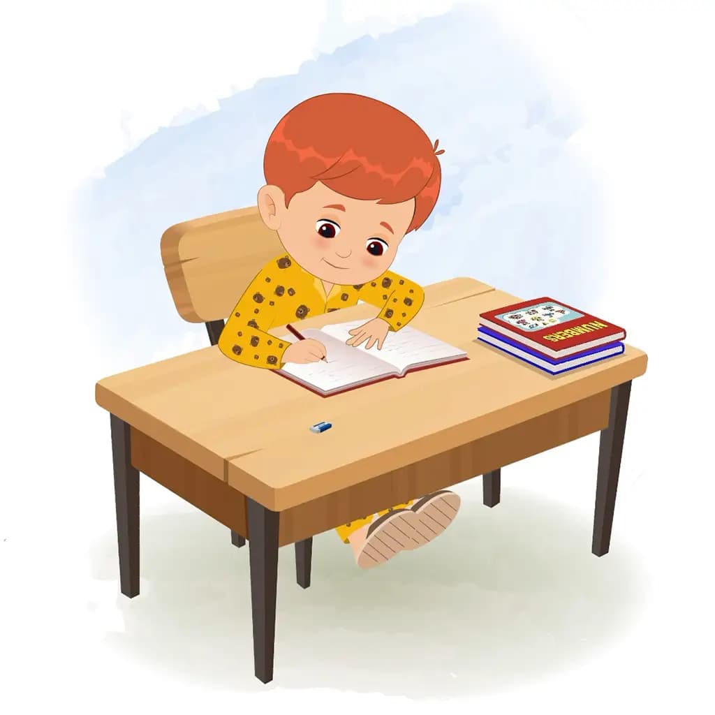 A little boy doing homework and sitting on the table animated cartoon character aka max