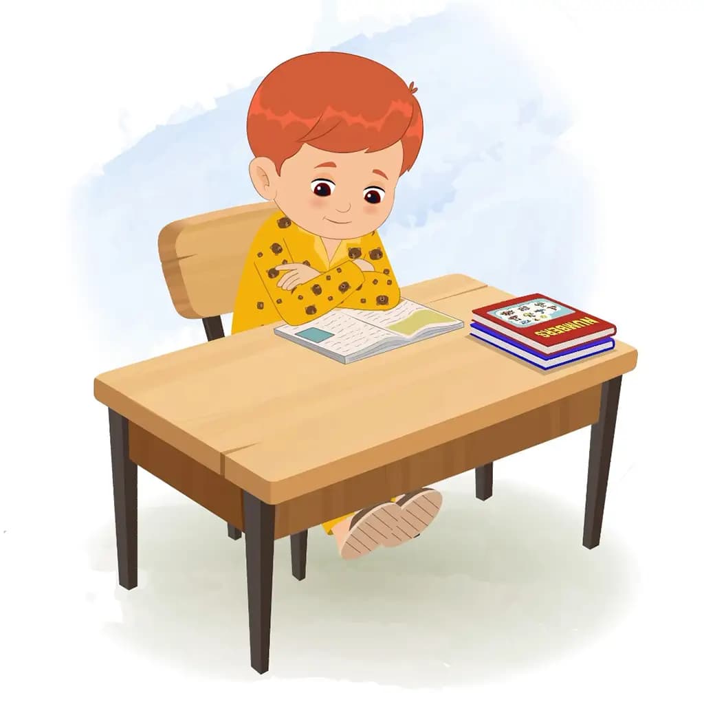 A little boy reading a book and sitting on the table animated cartoon character aka max