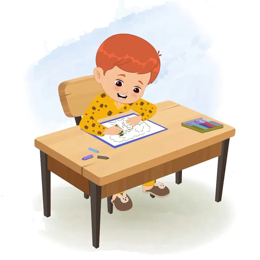 A little boy is sitting at a table with some crayons and colouring on the paper aka max