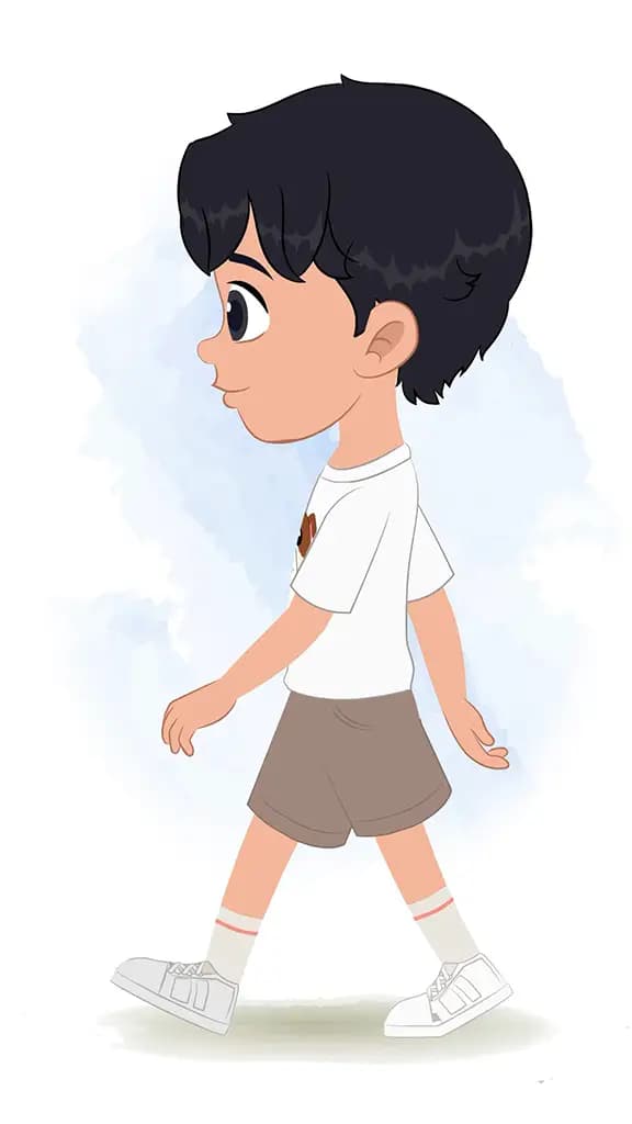 A cool boy walking side view animated cartoon character aka min min