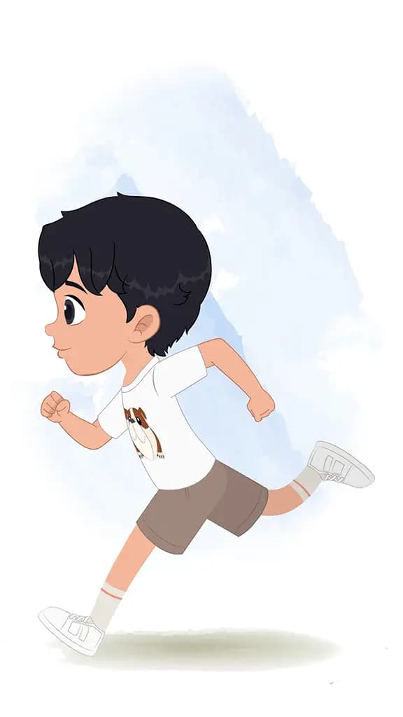 A cool boy running fast side view animated cartoon character aka min min