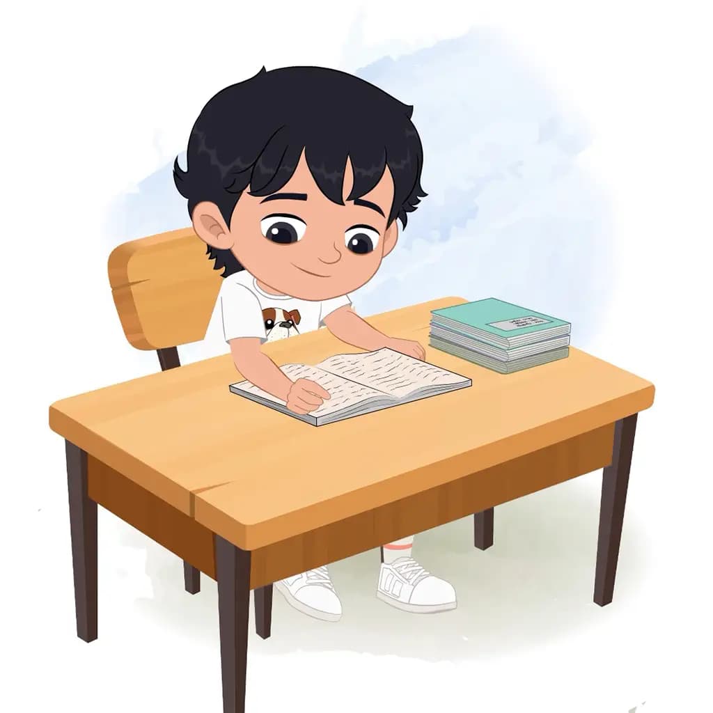 A cool boy reading a book and sitting on the table animated cartoon character aka min min