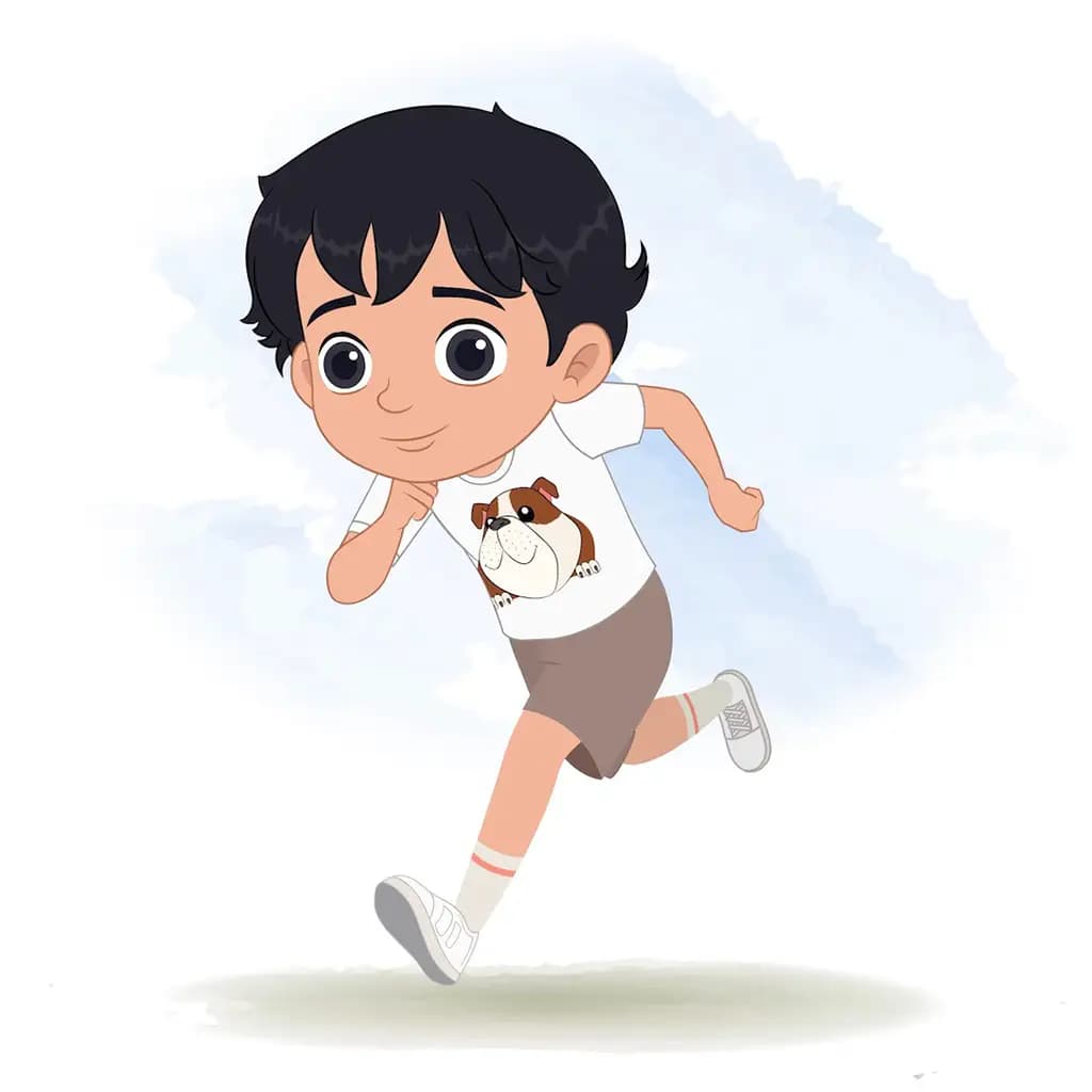 A cool boy running three quarter view animated cartoon character aka min min 3/4