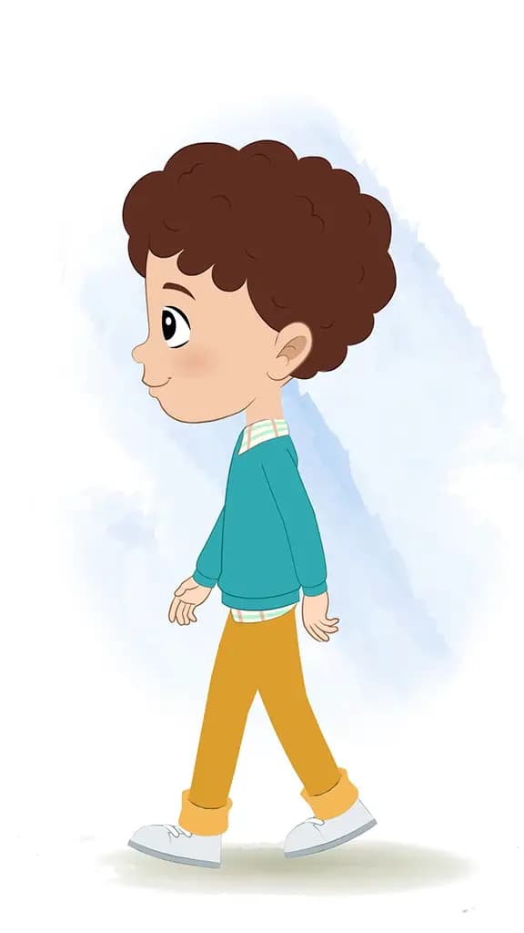 A smart boy walking side view animated cartoon character aka roni