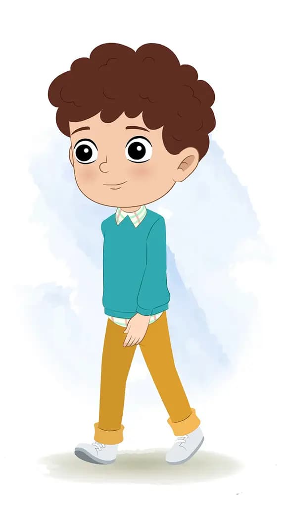 A smart boy 3/4 front view/three quarter view walking animated cartoon character aka roni 3/4