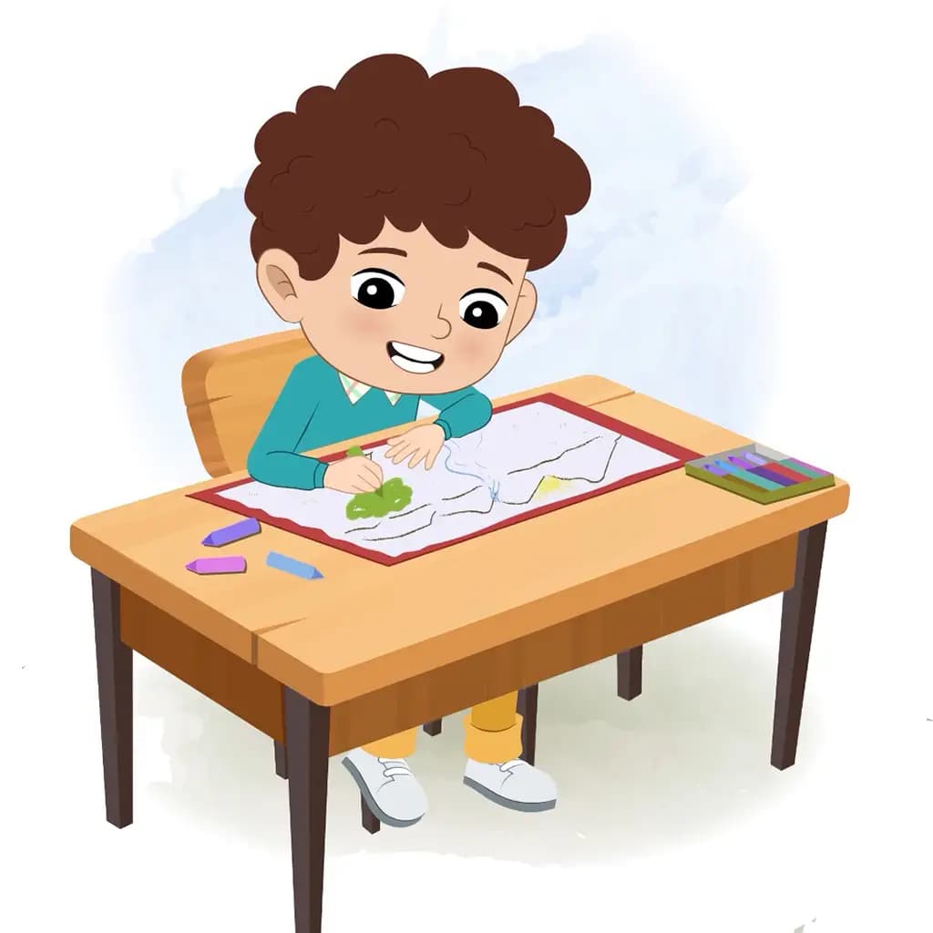 A smart boy is sitting at a table with some crayons and colouring on the paper aka roni