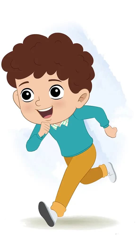 A smart boy running three quarter view animated cartoon character aka roni 3/4
