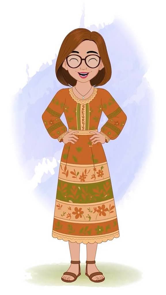 A beautiful woman in floral dress laughing animated vector cartoon character AKA Gwen