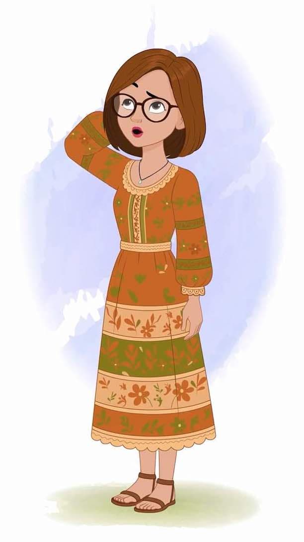 A beautiful confused woman in floral dress animated vector cartoon character AKA Gwen