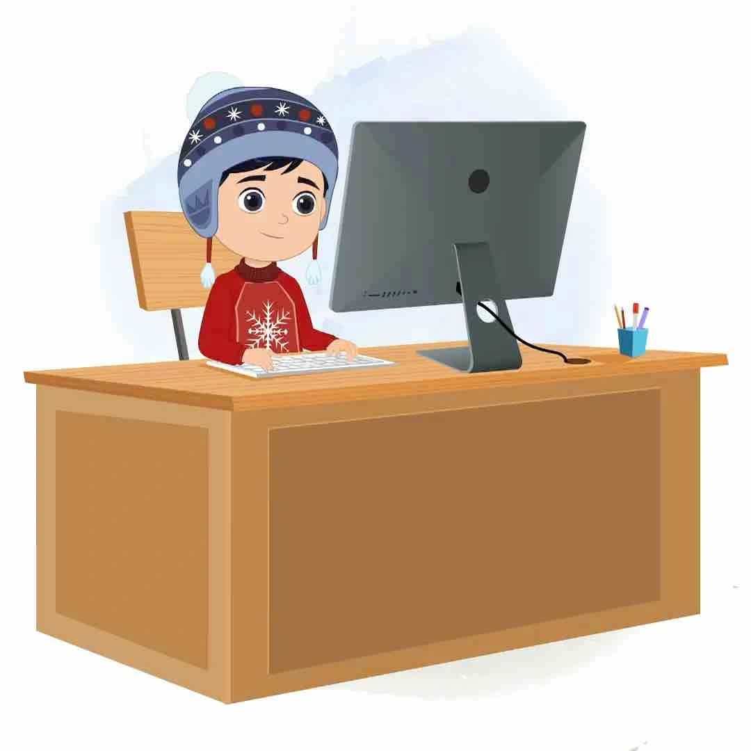A cute boy animated cartoon character working on a computer aka ishaan