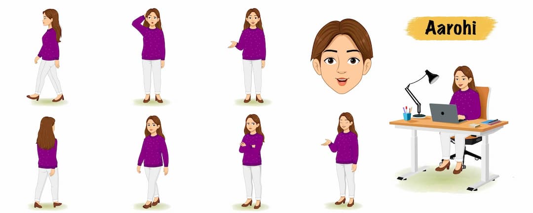 Young woman with purple sweater vector animated cartoon character model sheet AKA Aarohi