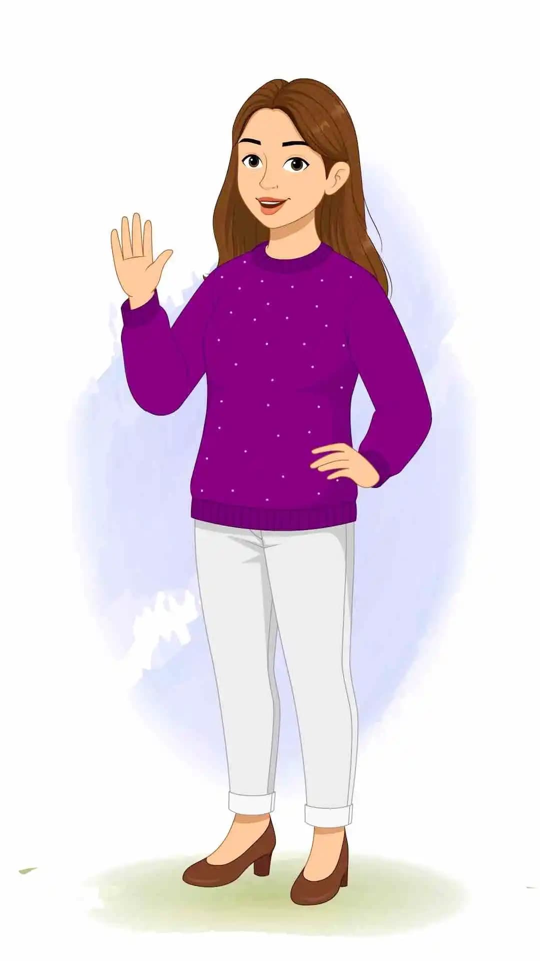 young woman with purple sweater saying hi animated cartoon character aka Aarohi