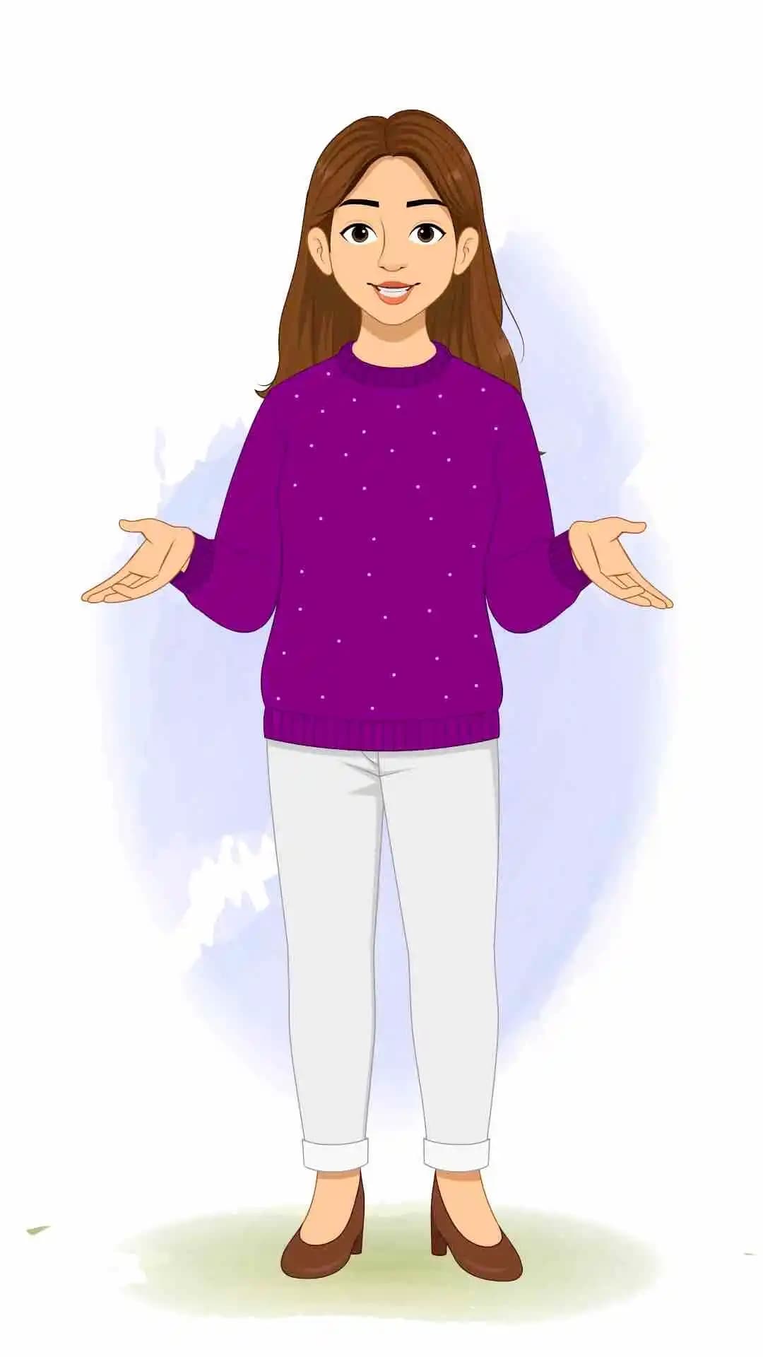 young woman with purple sweater talking animated cartoon character aka Aarohi