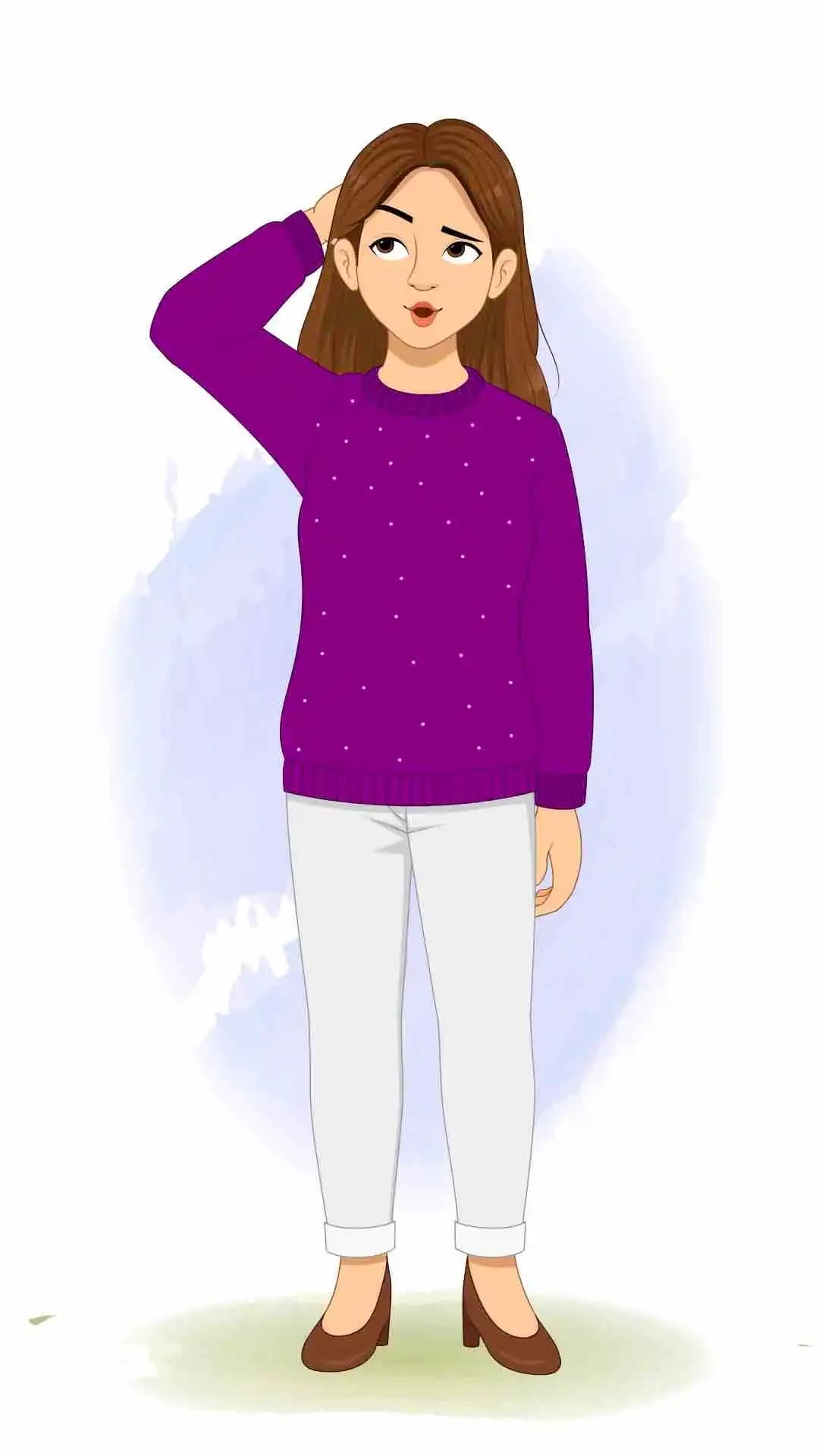 A confuse young woman with purple sweater animated cartoon character aka Aarohi