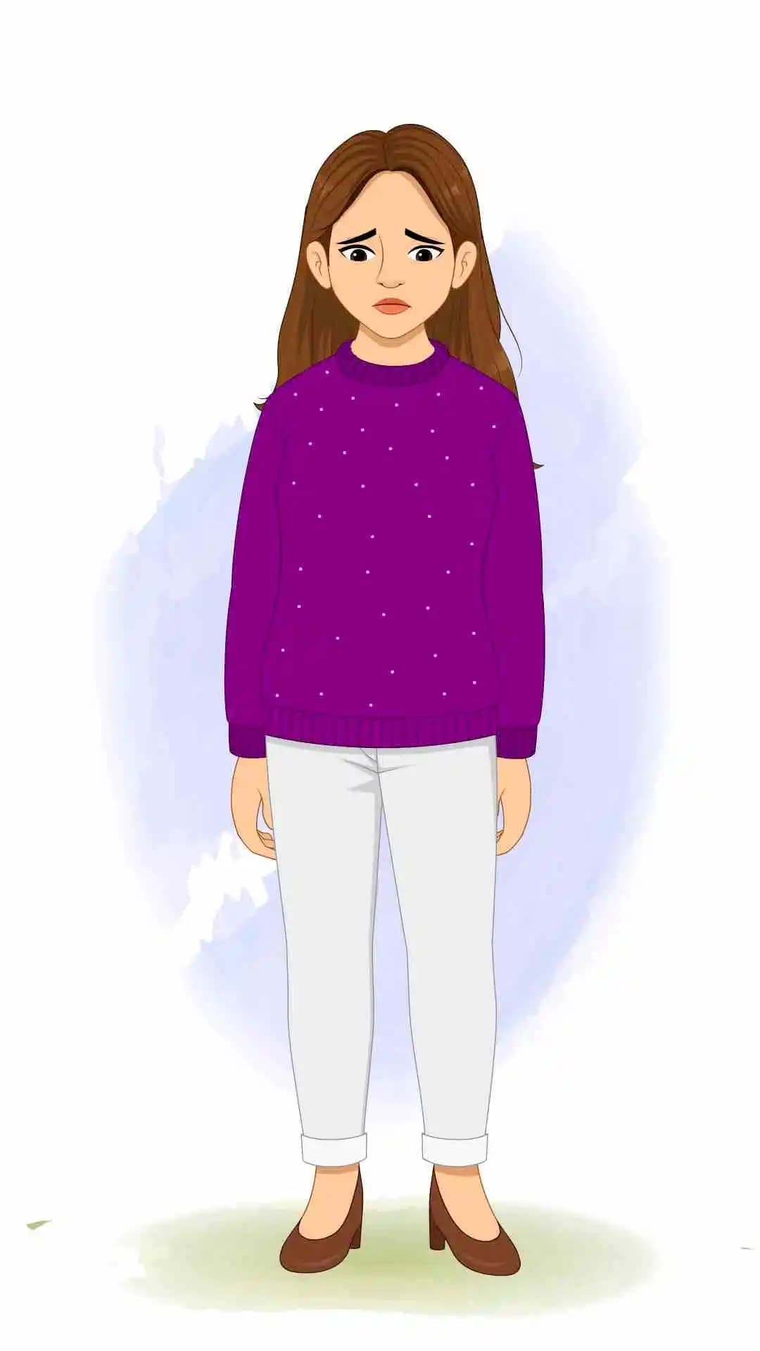 A sad young woman with purple sweater animated cartoon character aka Aarohi
