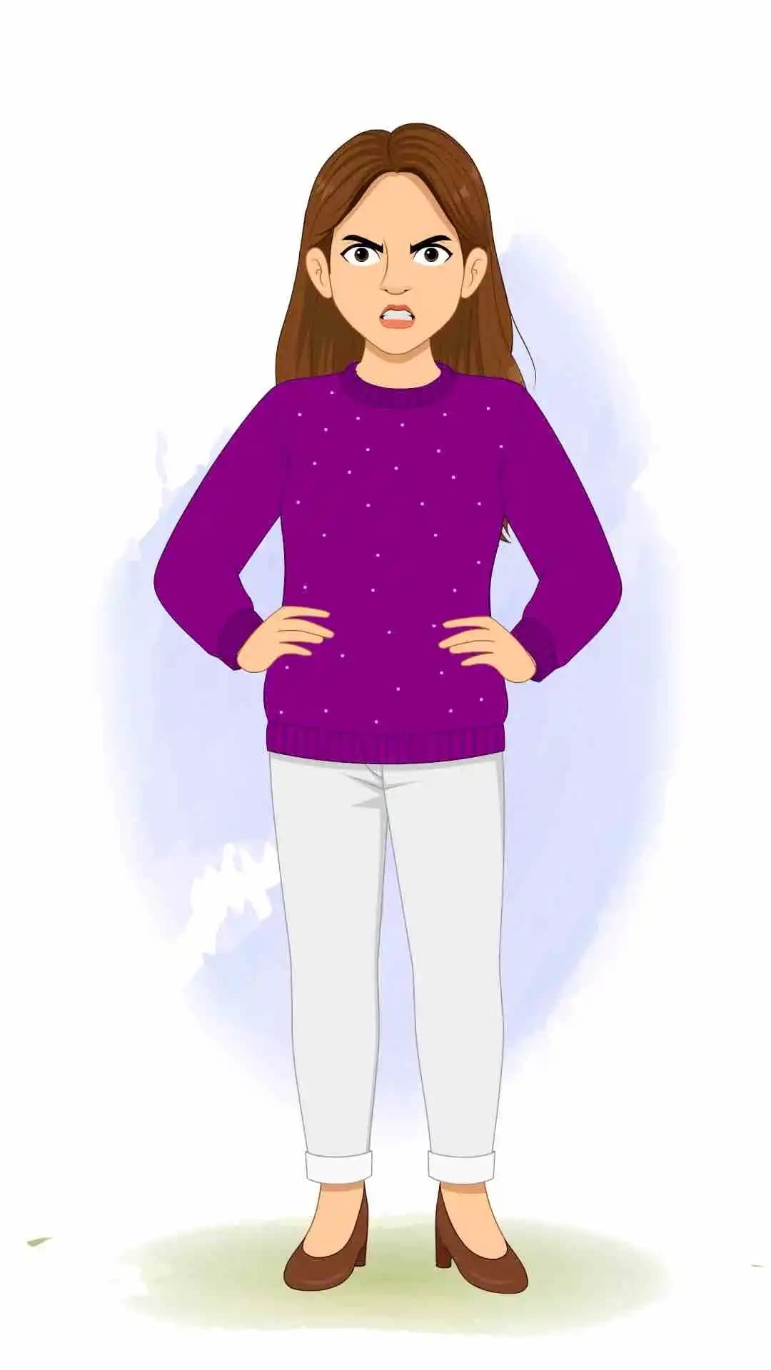 An angry young woman with purple sweater animated cartoon character