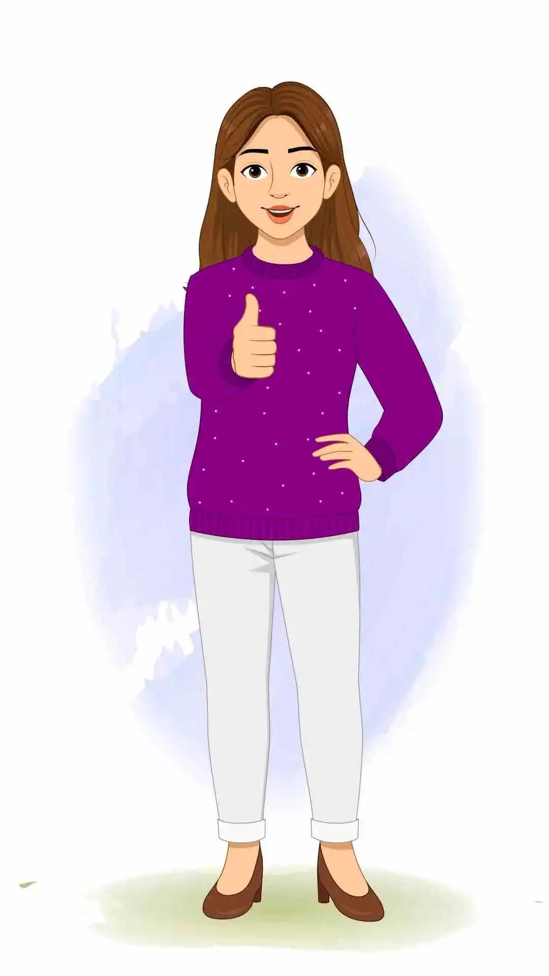 A young woman with purple sweater showing thumbs up animated cartoon character aka Aarohi
