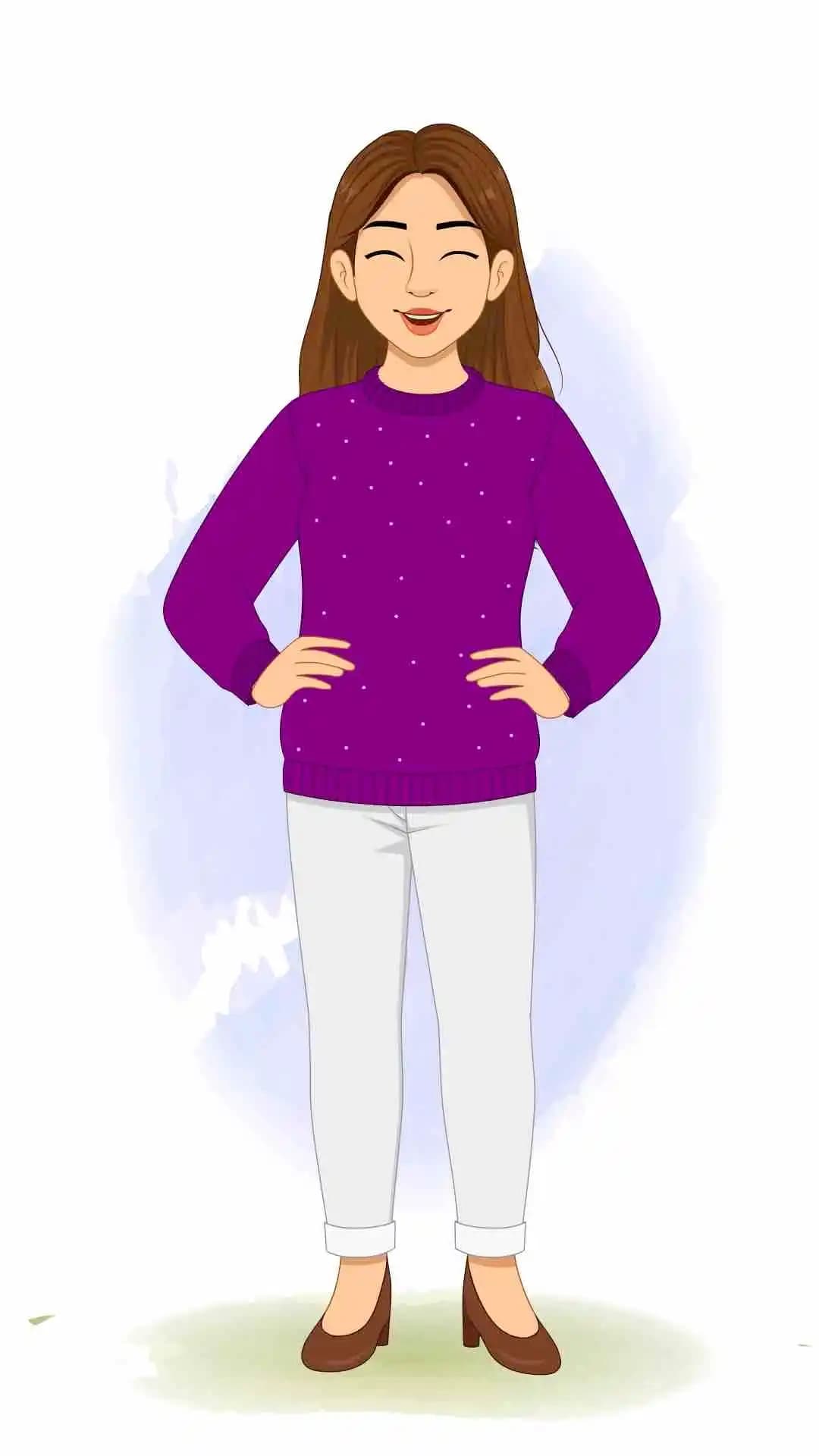 A young woman with purple sweater laughing animated cartoon character aka Aarohi