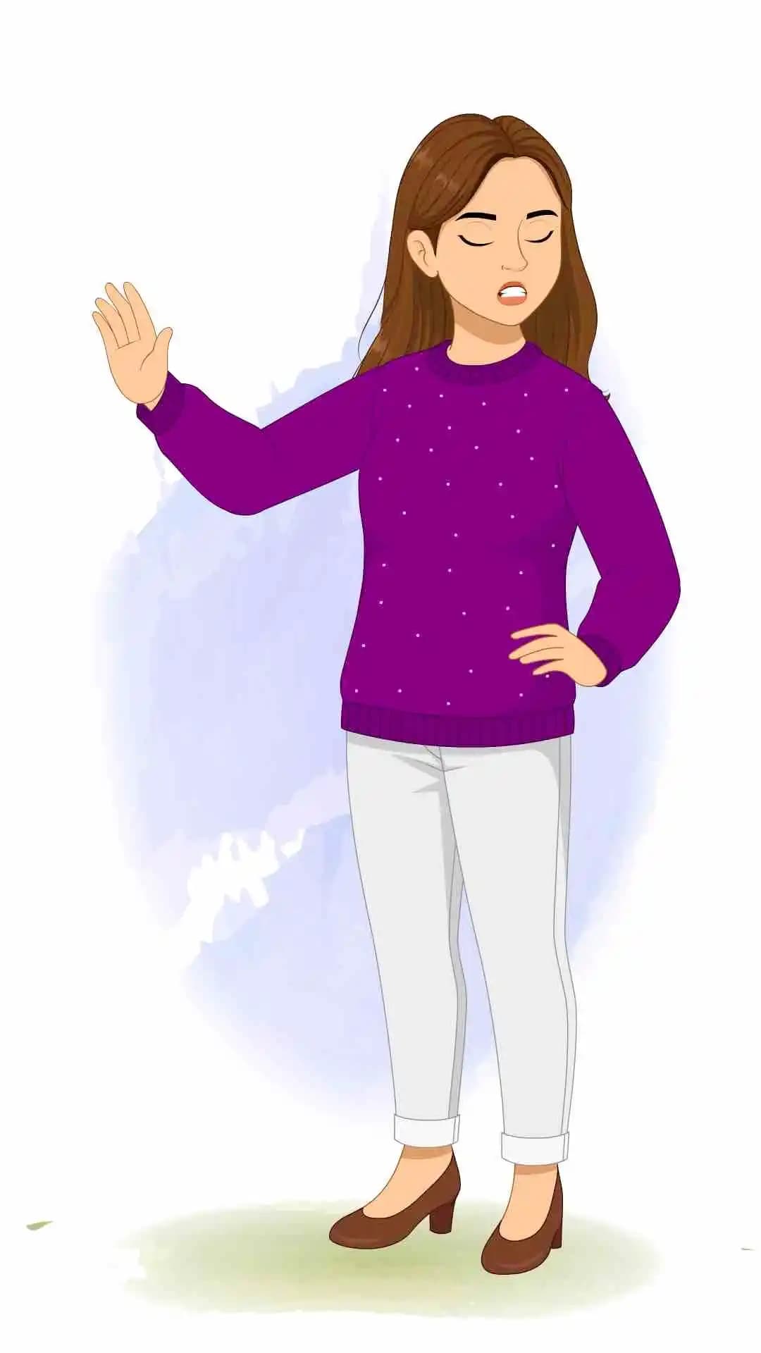 A young woman with purple sweater saying no animated cartoon character aka Aarohi