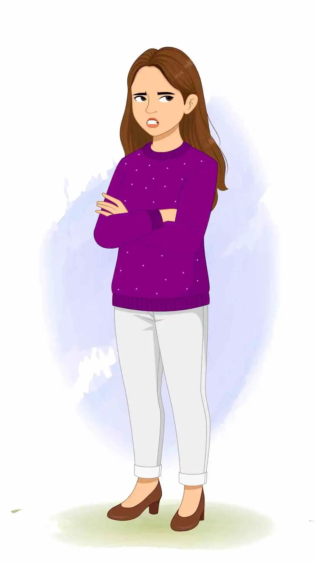 An annoyed young woman with purple sweater animated cartoon character aka aarohi