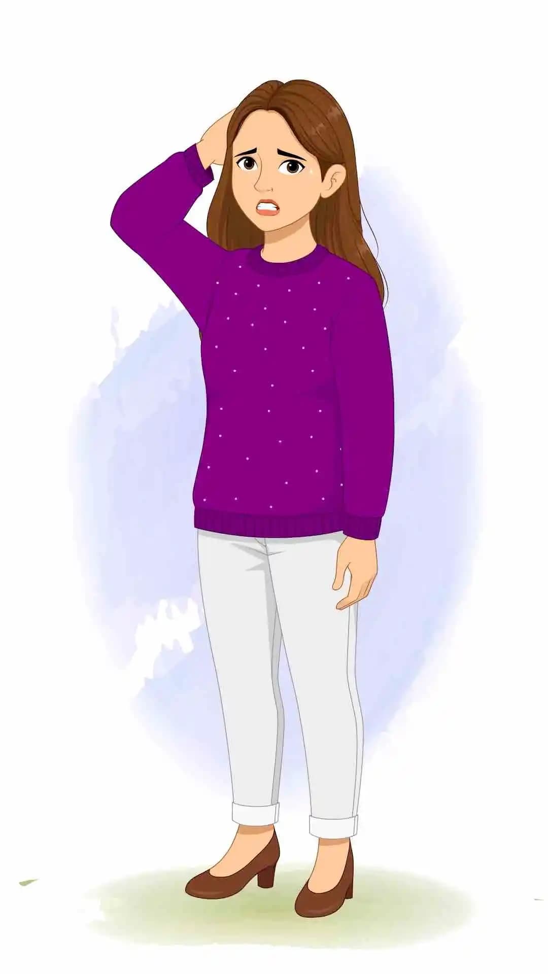 A young nervous woman with purple sweater animated cartoon character aka Aarohi