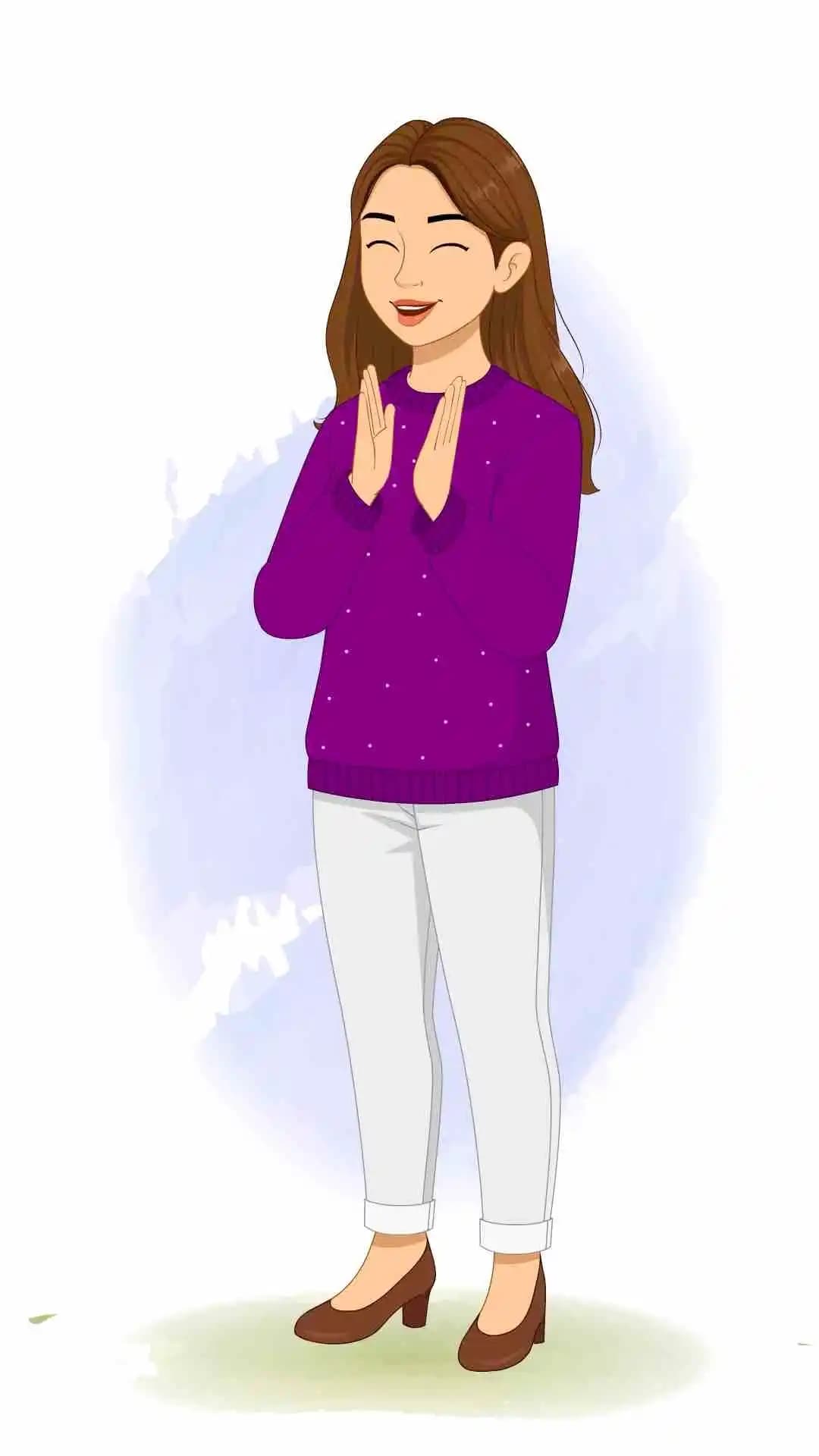 A young woman with purple sweater calpping animated cartoon character aka Aarohi