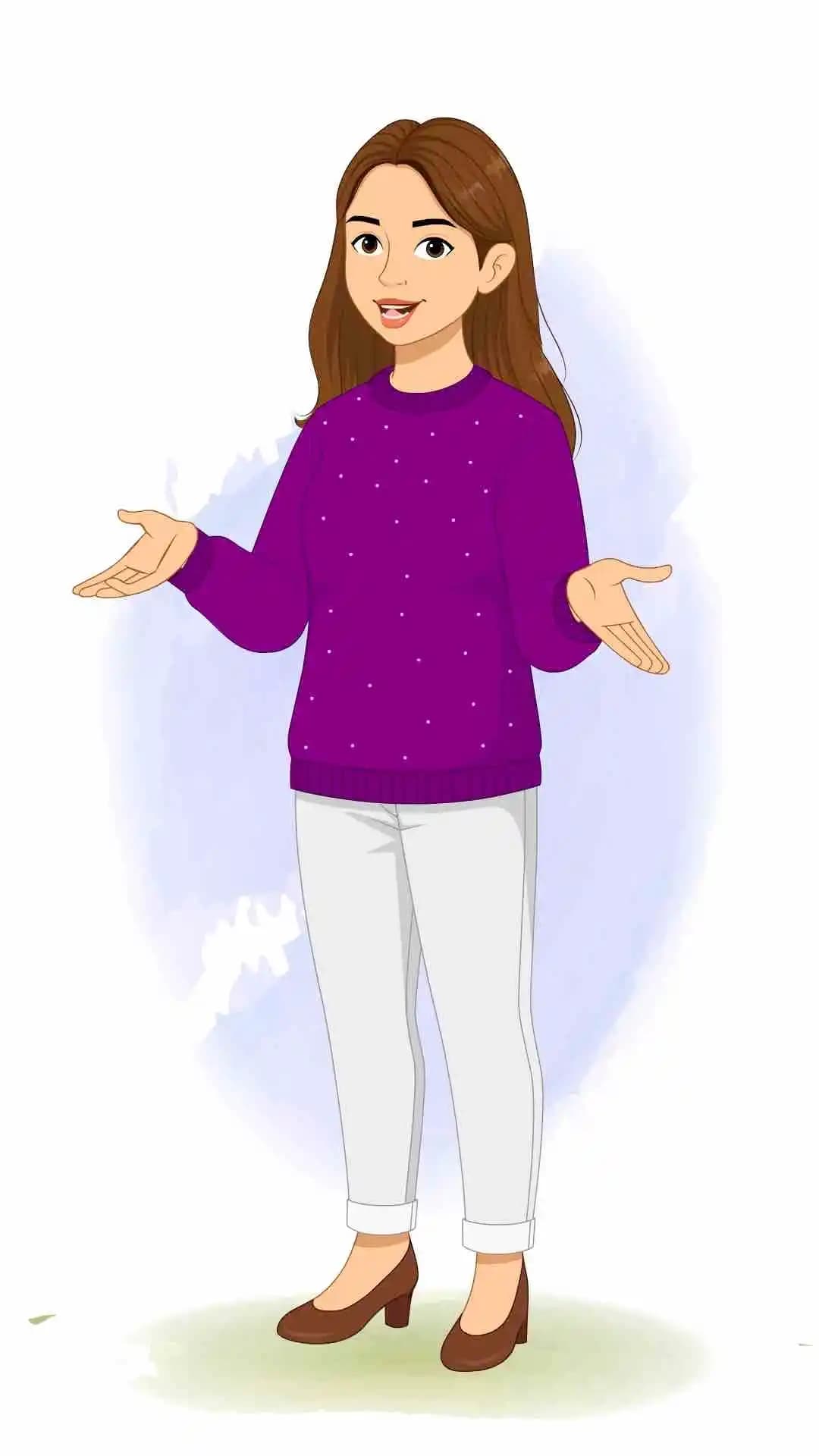 A young woman with purple sweater talking animated vector cartoon character aka Aarohi