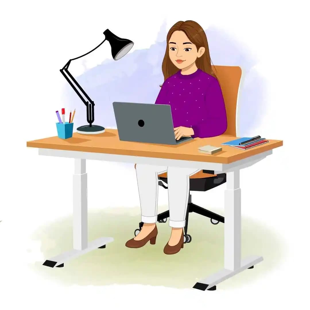 A young woman with purple sweater working on laptop animated cartoon character aka Aarohi