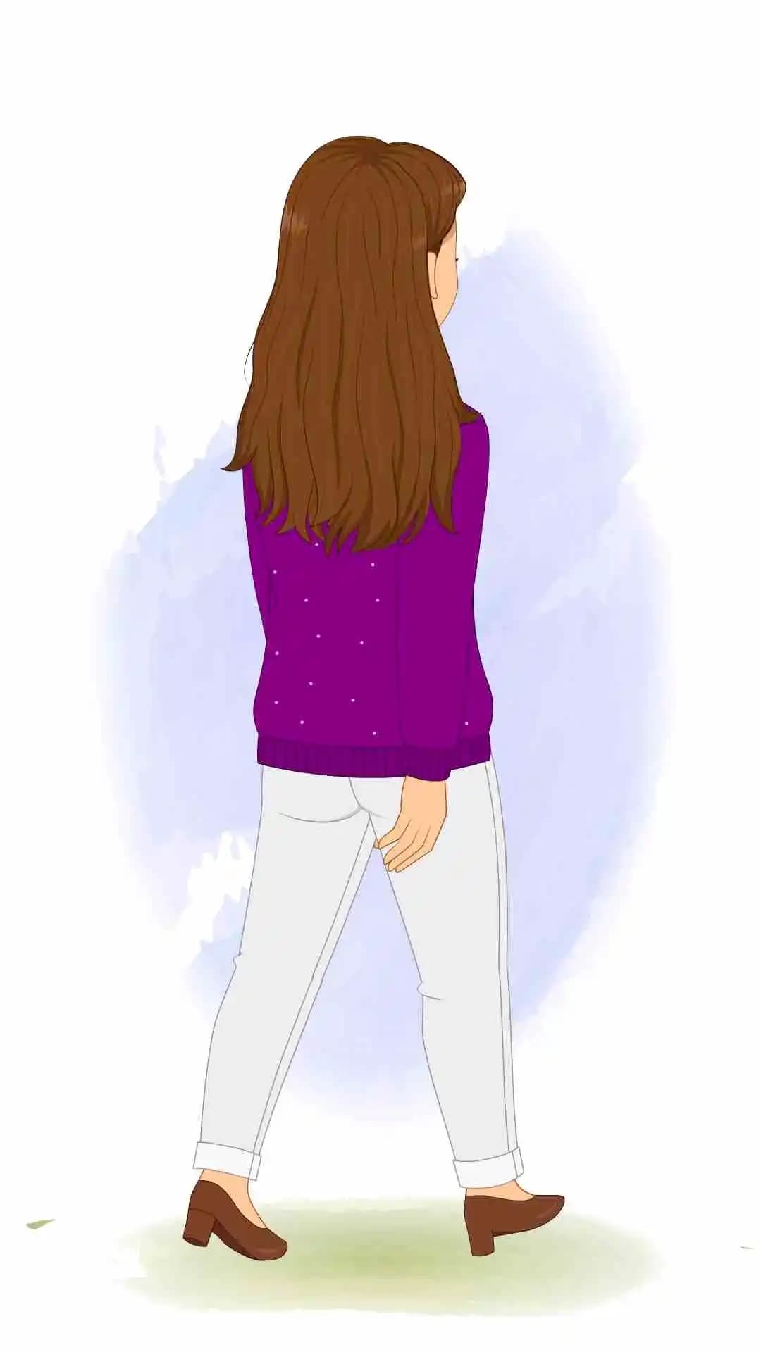 A young woman with purple sweater back side walking animated cartoon character aka Aarohi