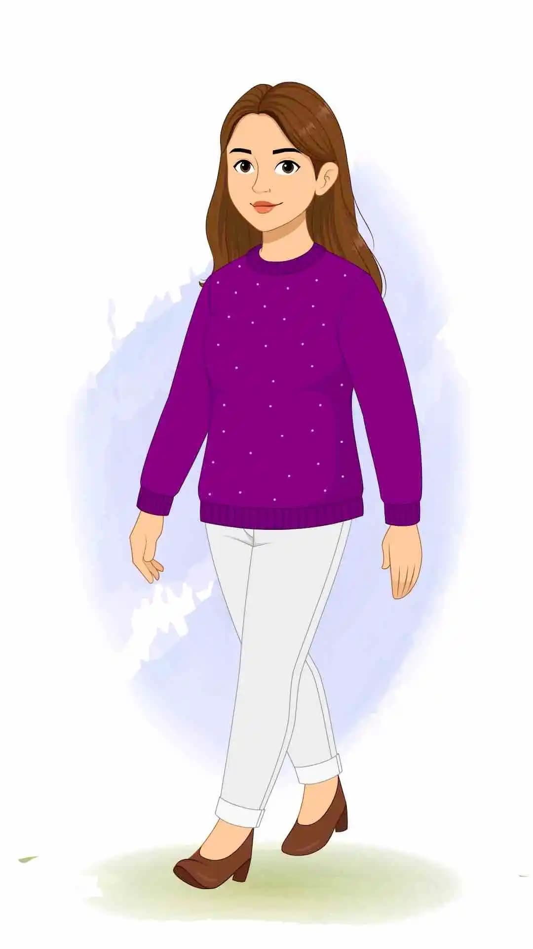 A young woman with purple sweater  walking animated vector cartoon character aka Aarohi