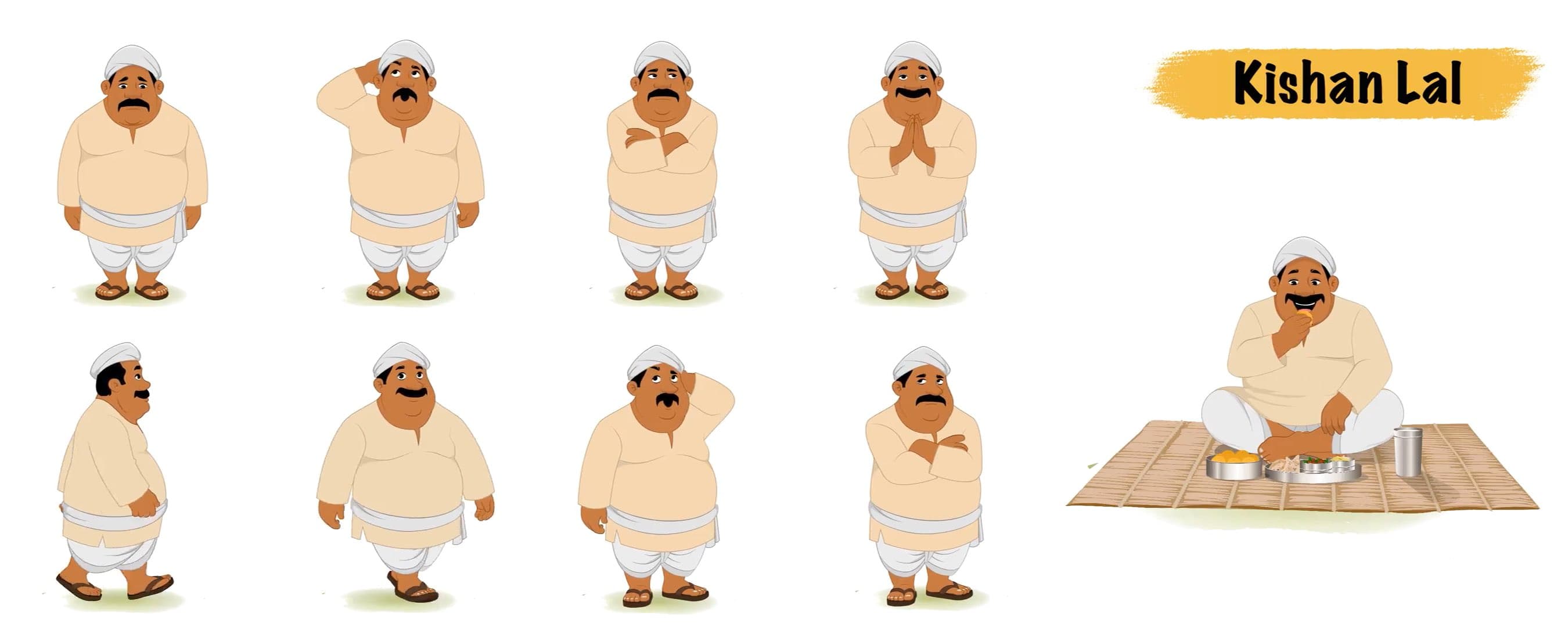 Fat Indian village man animated vector cartoon character model sheet AKA Kishan Lal