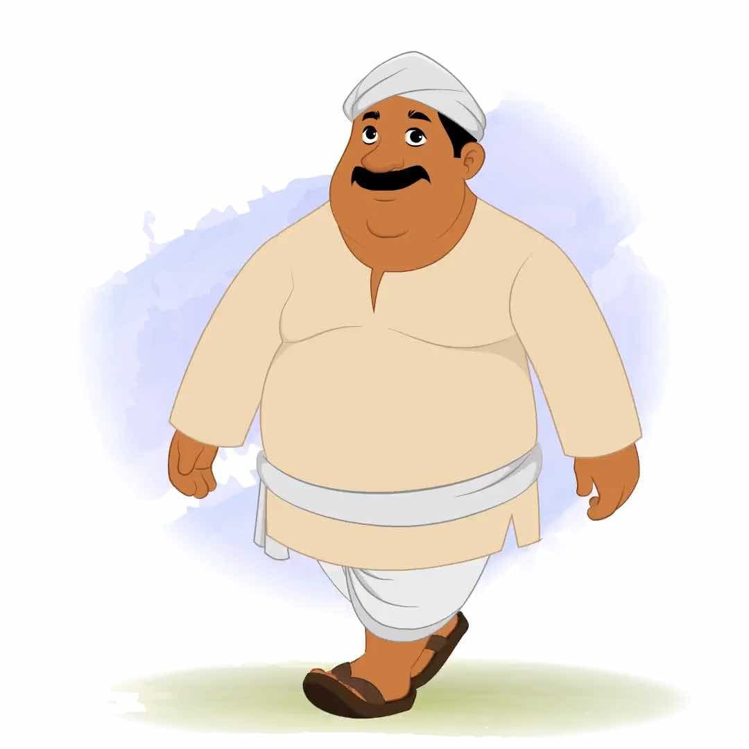 A fat Indian village man walking animated vector cartoon character AKA Kishan Lal