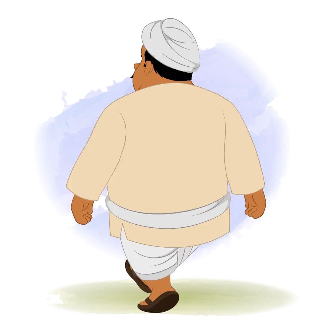 A fat Indian village man walking in back third view animated vector cartoon character AKA Kishan Lal