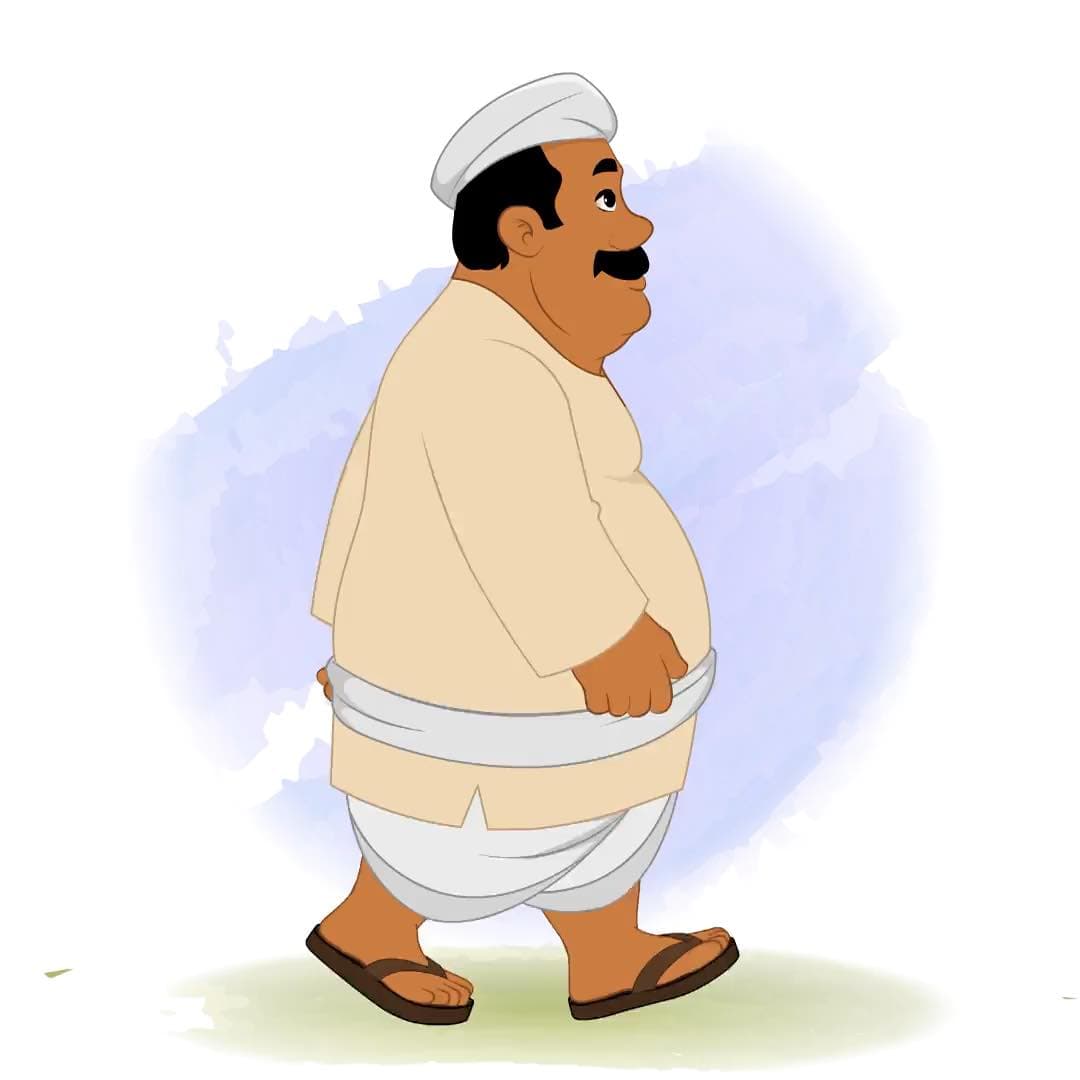 A fat Indian village man side walking animated vector cartoon character AKA Kishan Lal