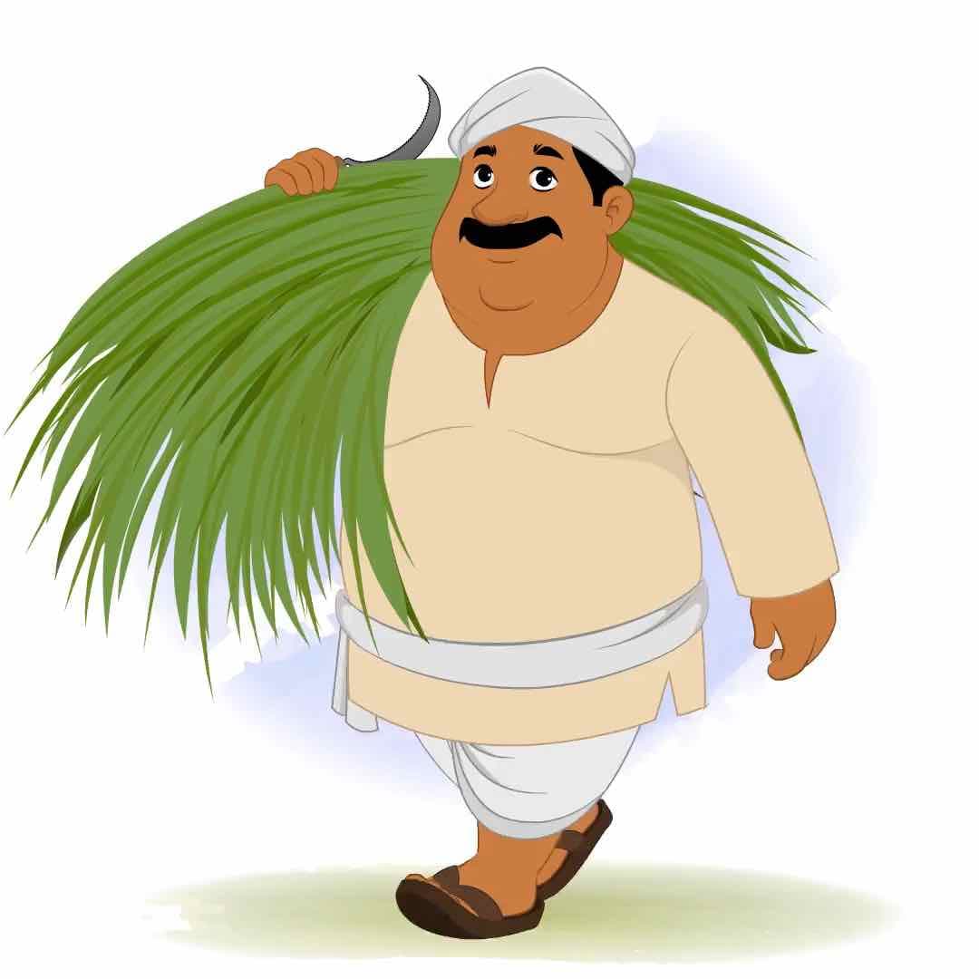 A fat Indian village man walking with grass animated vector cartoon character AKA Kishan Lal
