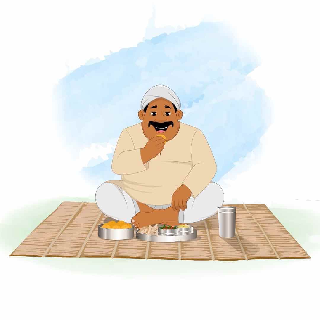 A fat Indian village man eating animated vector cartoon character AKA Kishan Lal