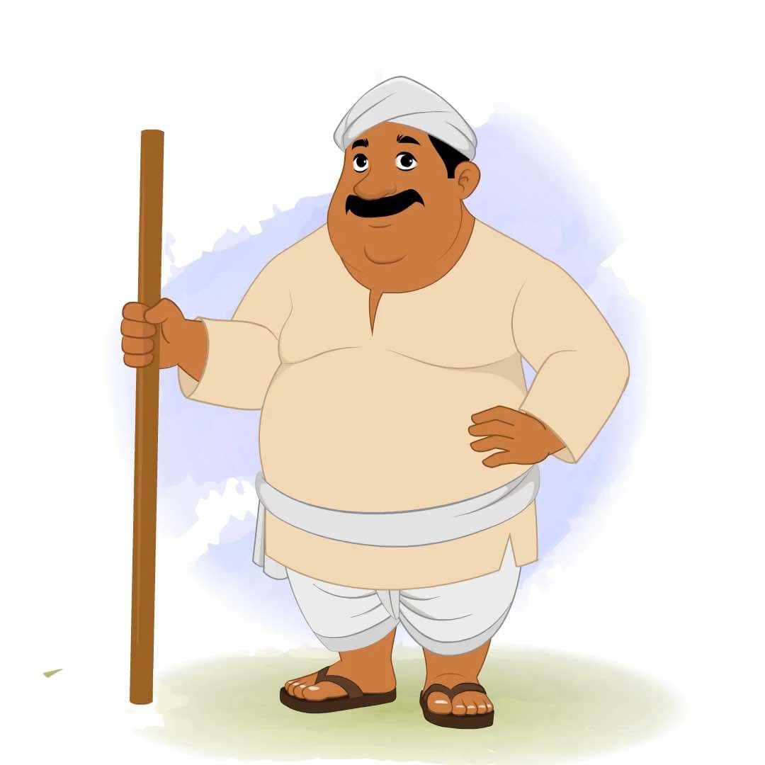 A fat Indian village man standing with blackjack animated vector cartoon character AKA Kishan Lal