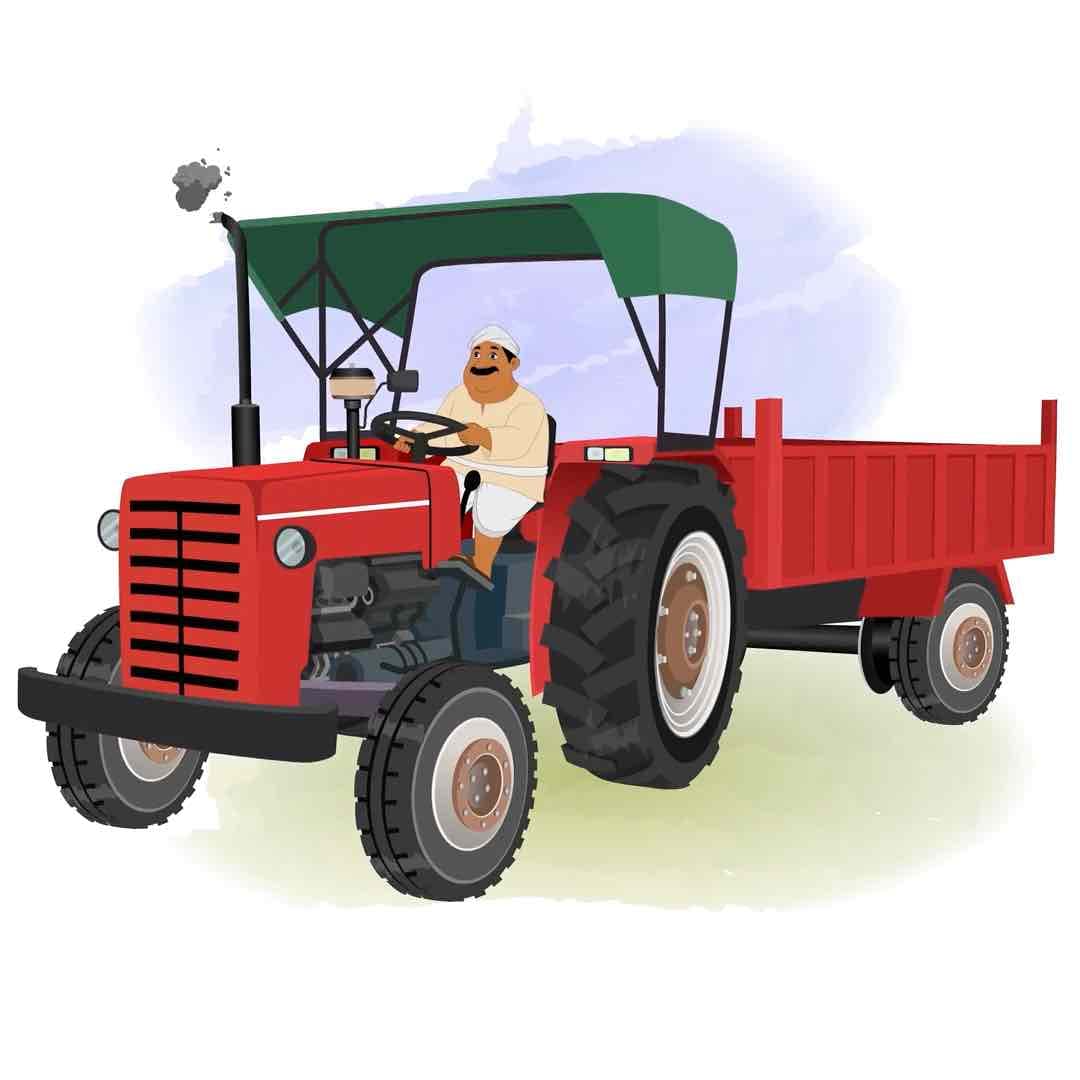 A fat Indian village man driving tractor with trolly animated vector cartoon character AKA Kishan Lal