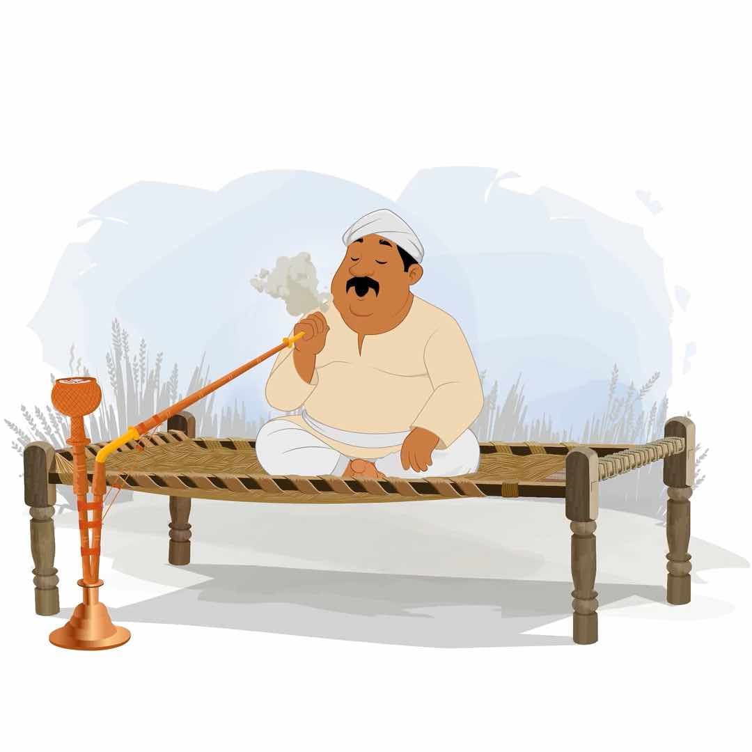 A fat Indian village man smoking hokka animated vector cartoon character AKA Kishan Lal