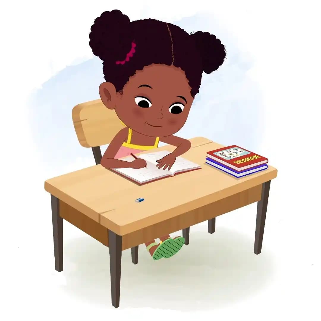 A cute black girl doing homework and sitting on the table animated cartoon character aka kaya