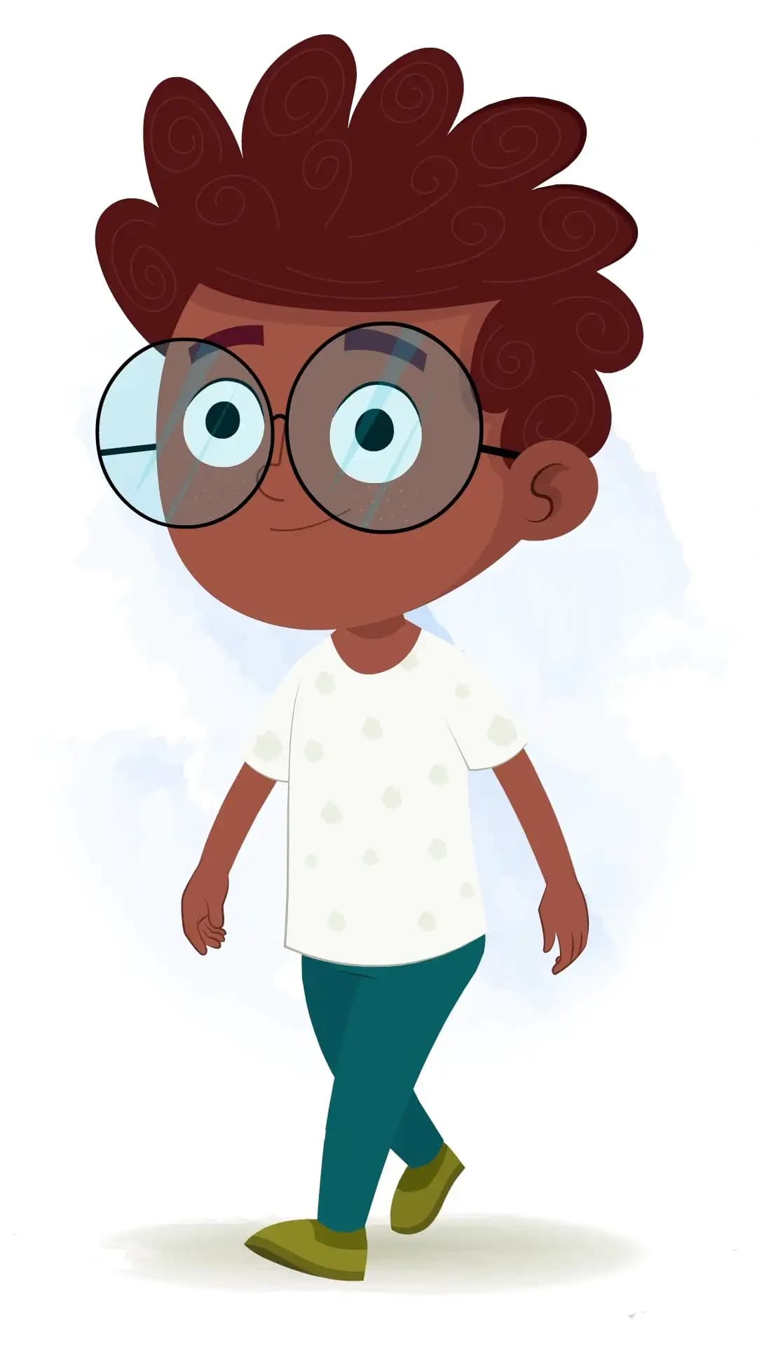A black boy 3/4 front view/three quarter view walking animated cartoon character aka krish