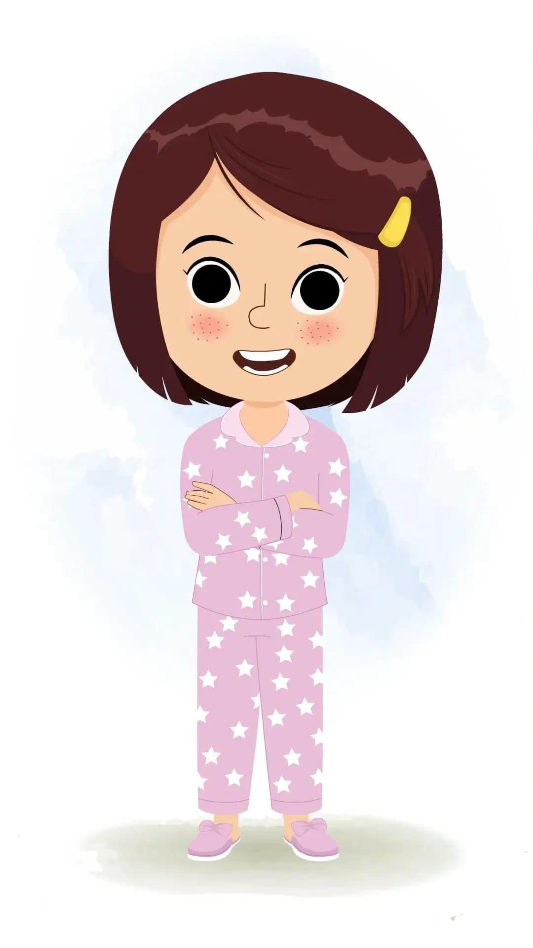 A cute girl standing with cross hand and talking animated cartoon character aka misti