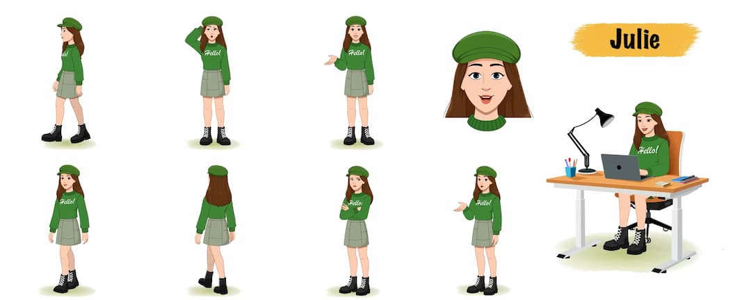 Young stylish woman in green sweater & miniskirt animated vector cartoon character model sheet AKA Julie