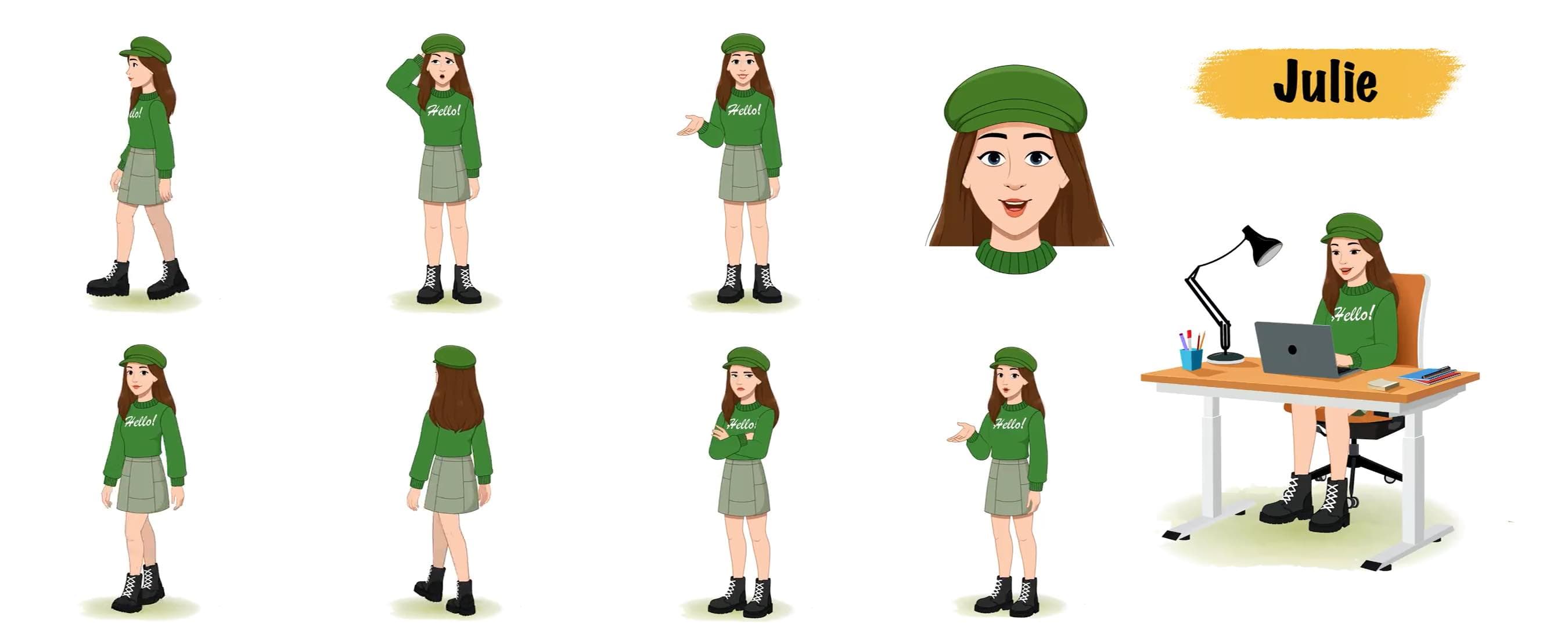 Young stylish woman in green sweater & miniskirt animated vector cartoon character model sheet